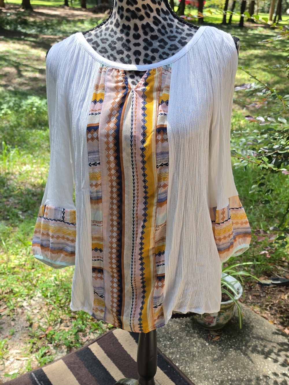 White Tunic with Yellow Stripe Panel and Printed Cuffs